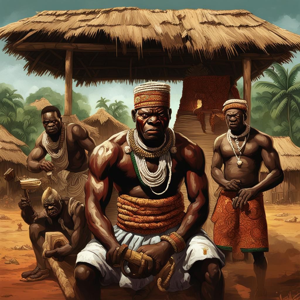 Nigerian Warlord with Wives and Yams: Fantasy Concept Art