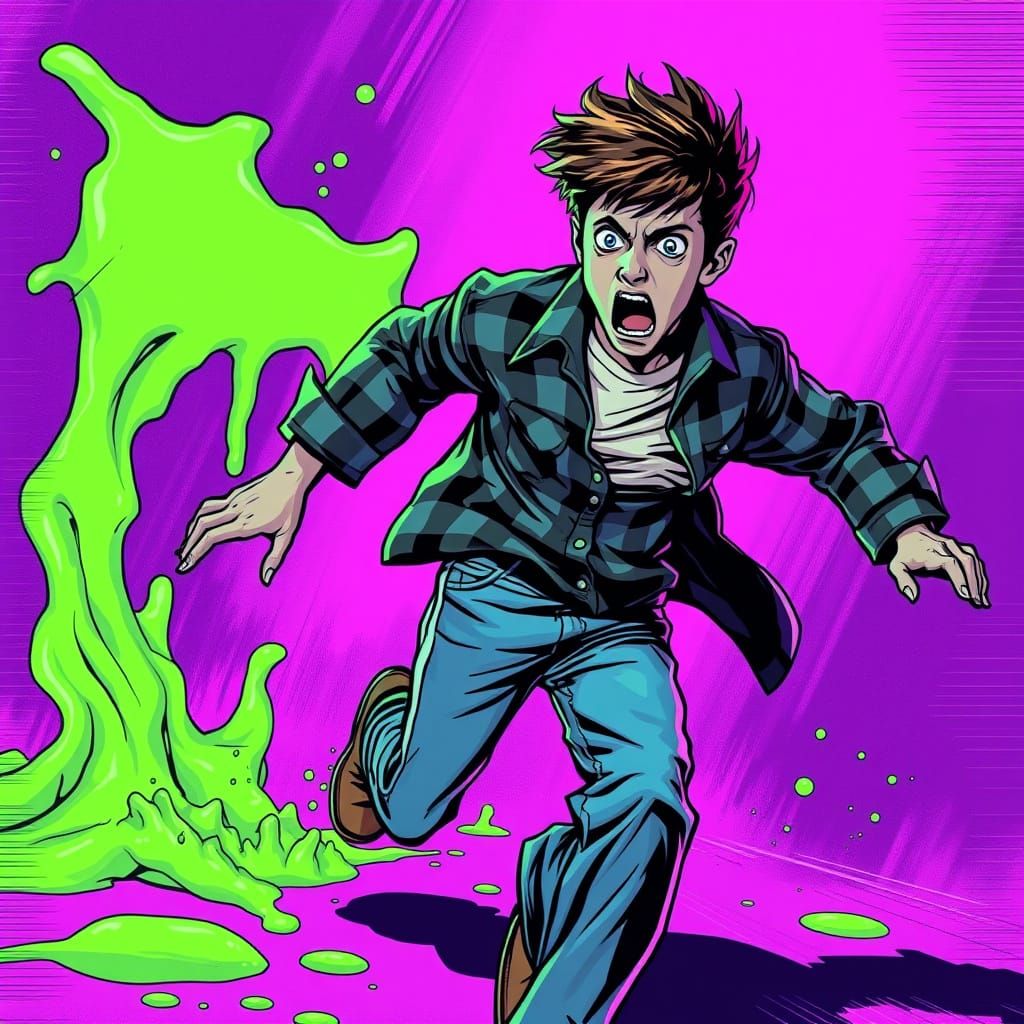 Teen Fleeing Melting Slime in 90s Comic Style