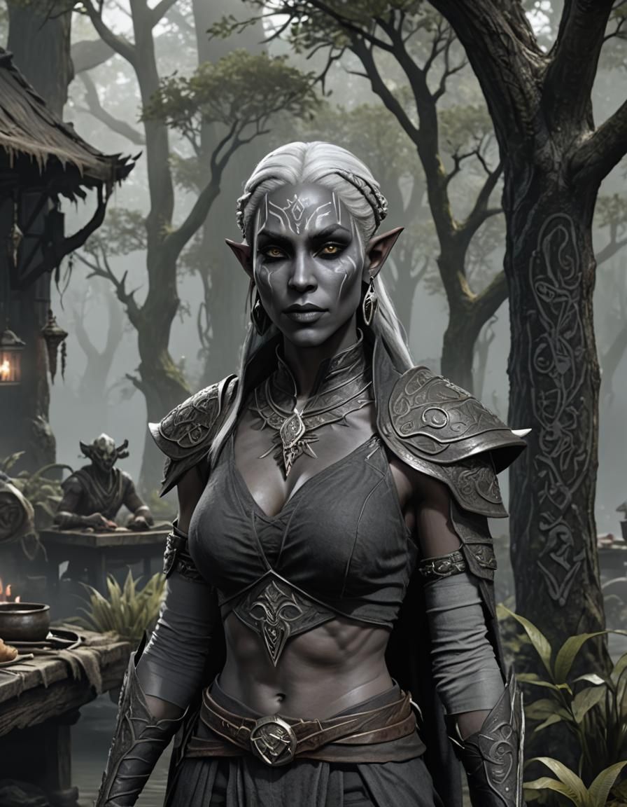 Charcoal Grey Elf Mage in Skyrim Outpost