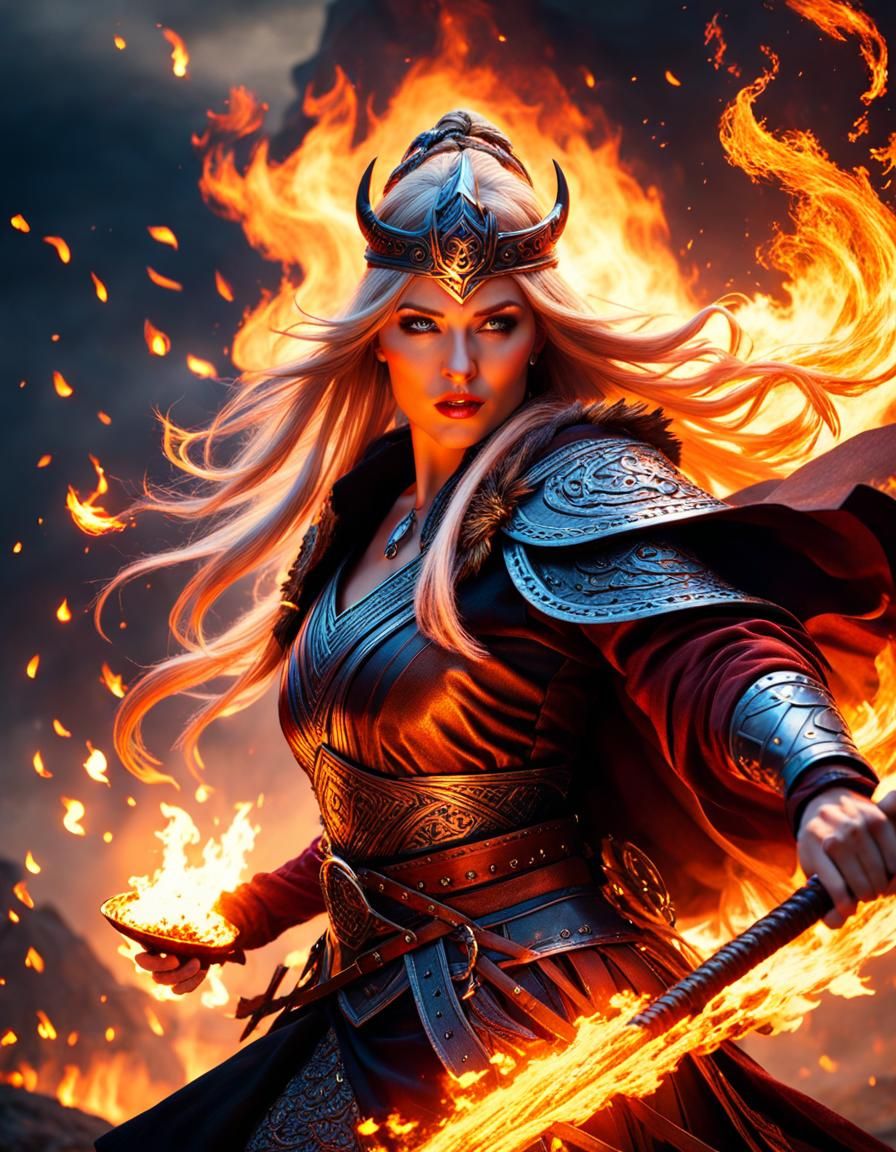 Flaming Viking Sorceress Wielding Fire