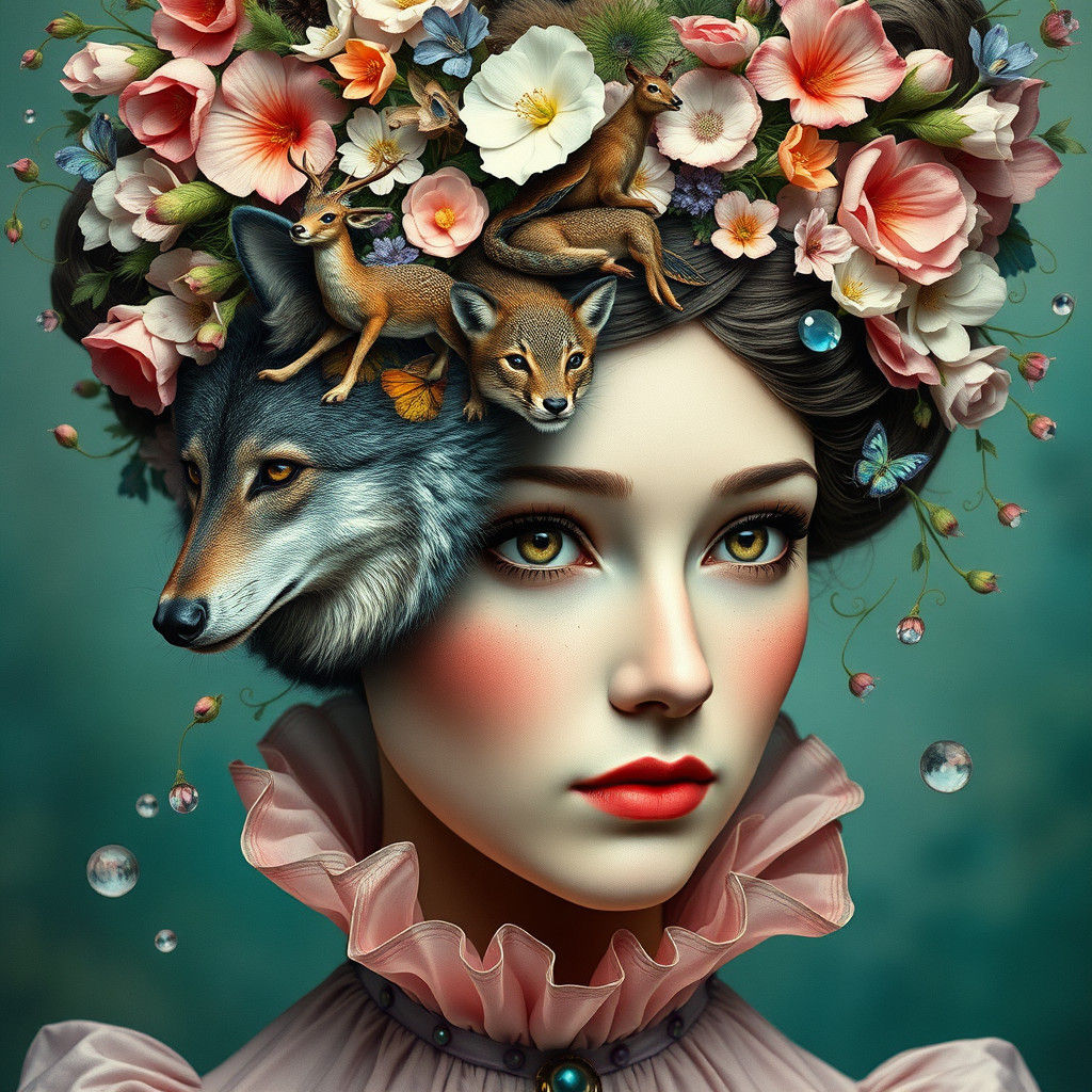 Surreal Victorian Woman: Half-Human, Half-Animal Portrait