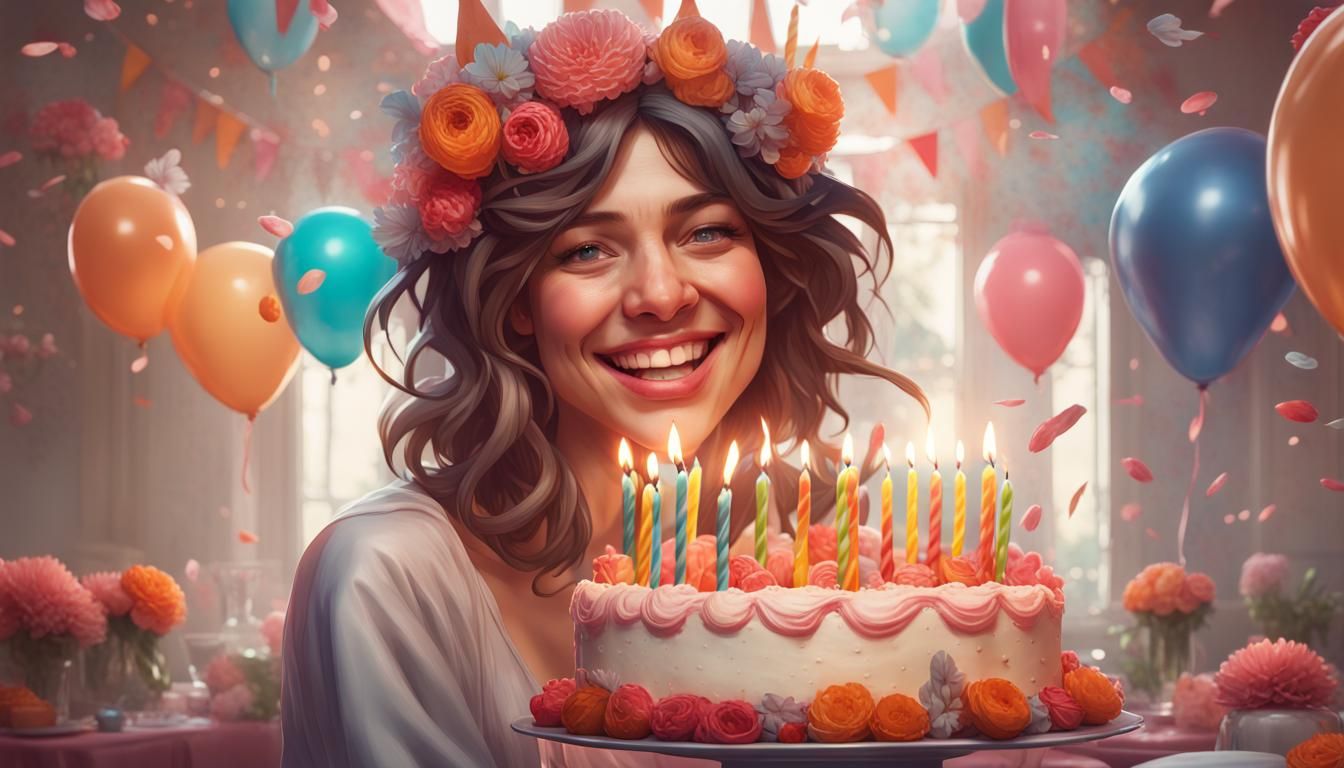 Woman's Birthday Portrait with Cake, Detailed Art