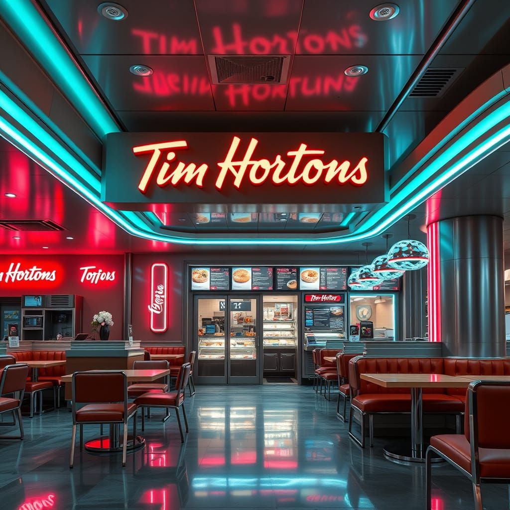 Futuristic Neon Tim Hortons Cafe in Retro Style