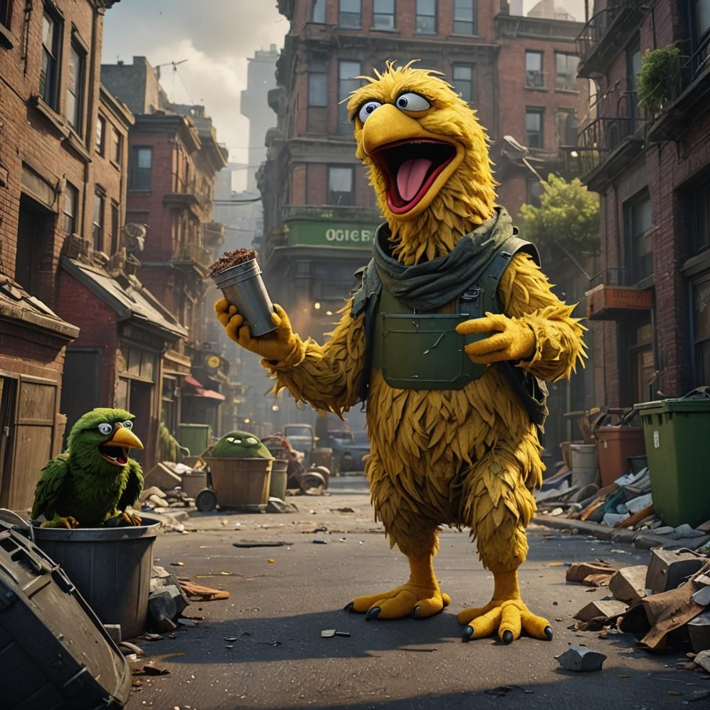 Big Bird Confronts Oscar in Detailed Digital Art