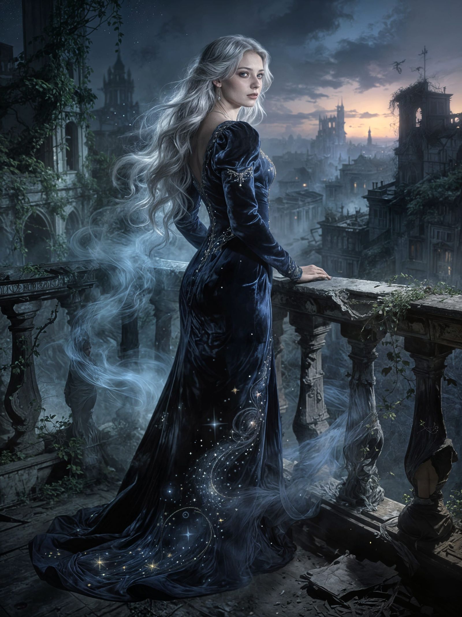 Elegant Woman in Silver Hair Overlooking Ghostly Cityscape
