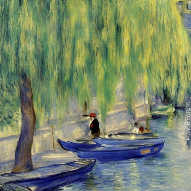 Impressionist Canal Scene with Boats and Willows