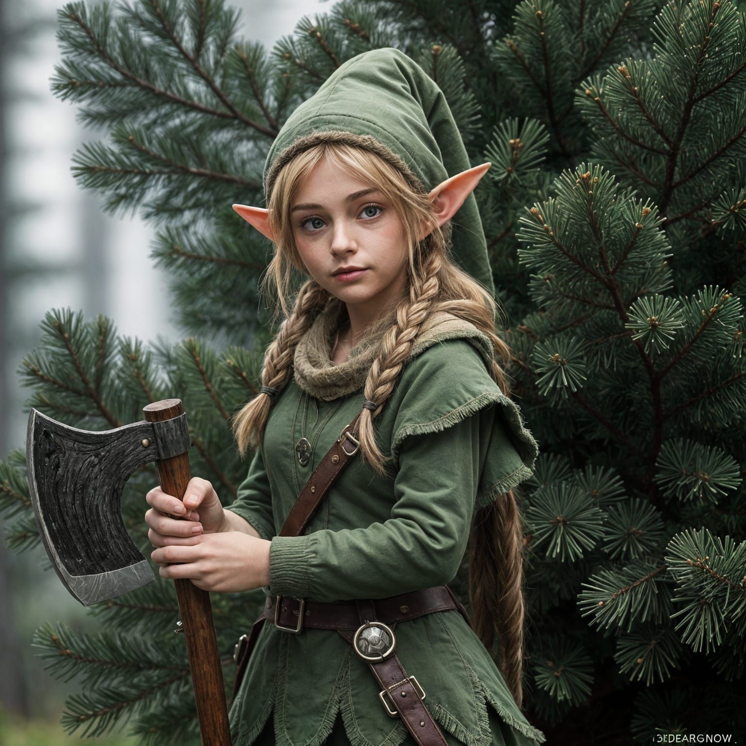 Female Elf with Axe Before Spruce Tree