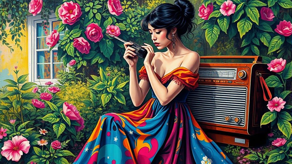 Woman Listening to Radio in Graffiti Art Style