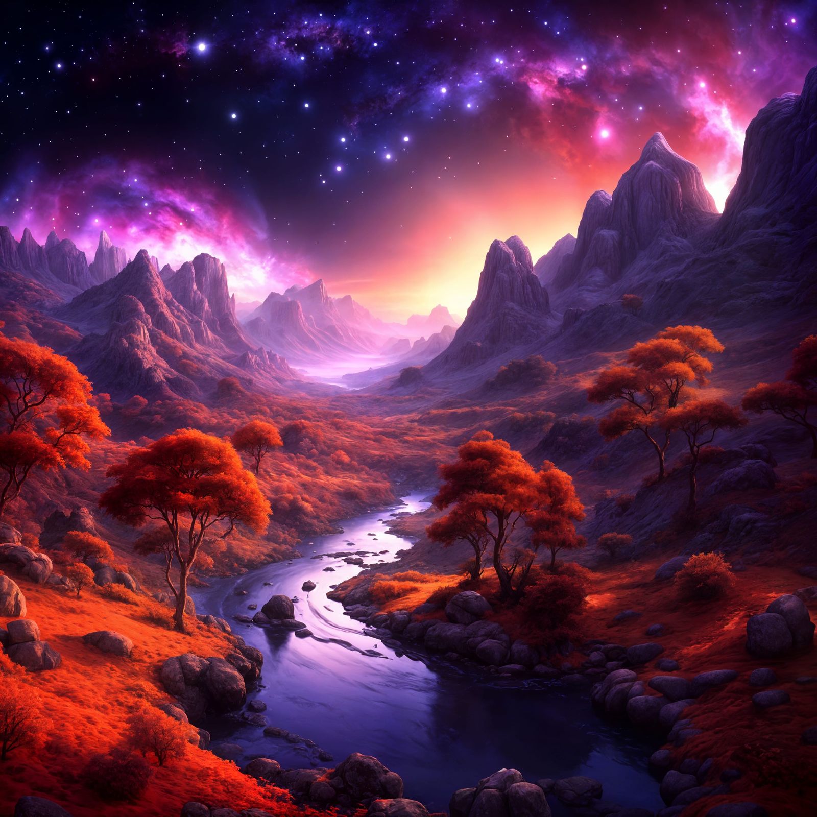 Surreal Sunset in a Bucolic Landscape with Celestial Phenome...