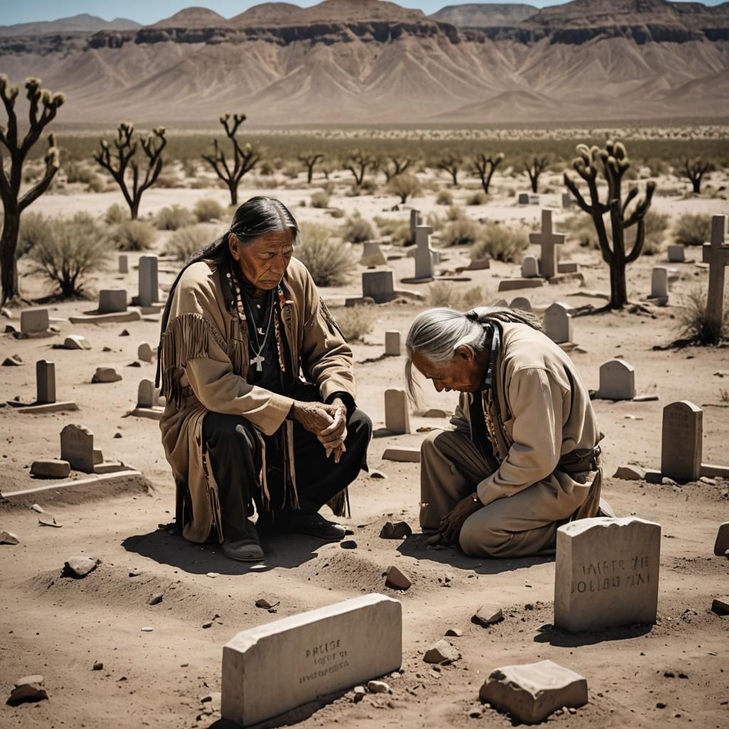 Sad Native American Man Praying in Desert