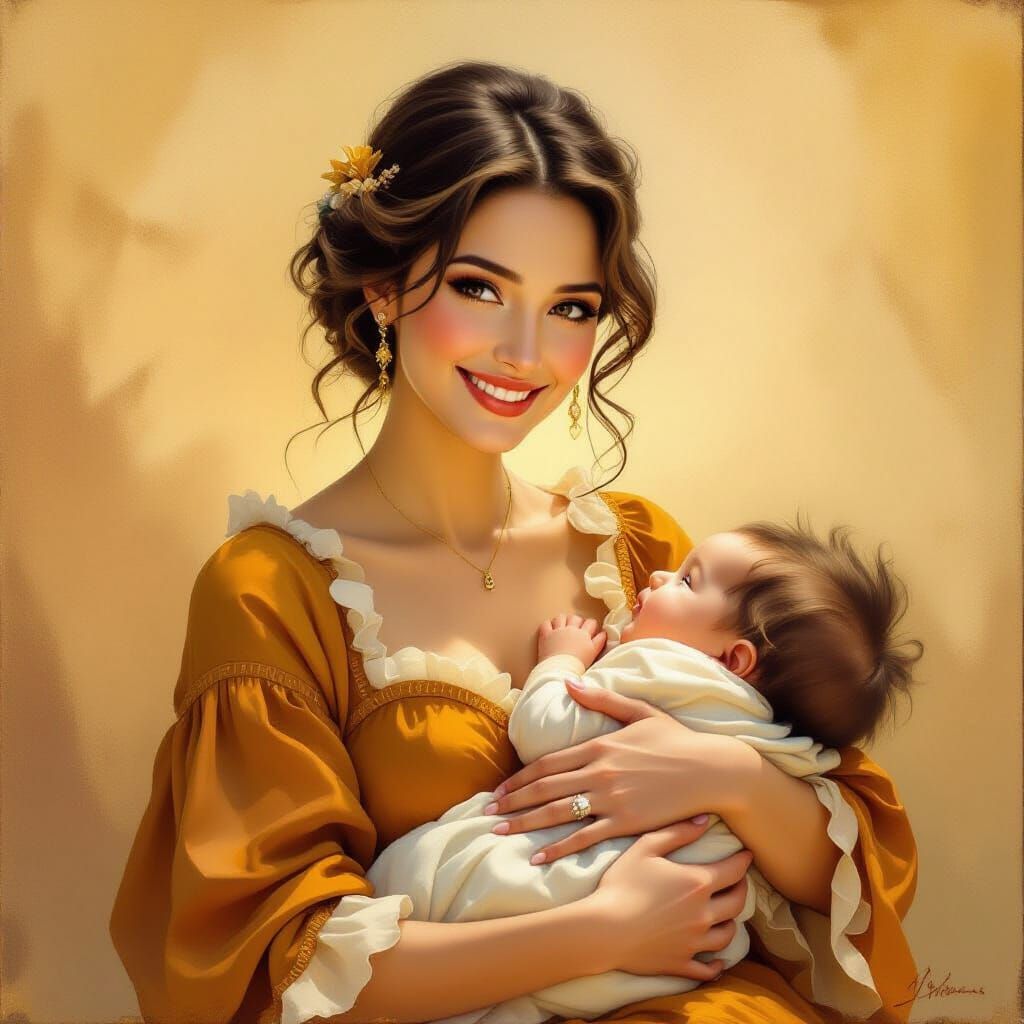 Renaissance Style Oil Painting of Mother and Baby