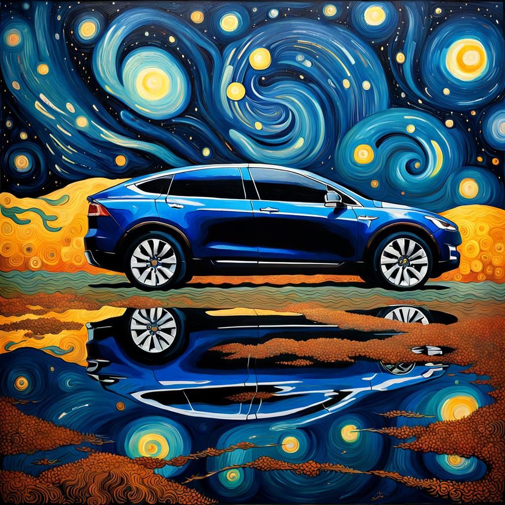 Van Gogh Style Starfield Above Blue Tesla