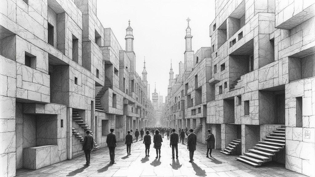 Escher-Inspired Urban Scene with Expressive Figures