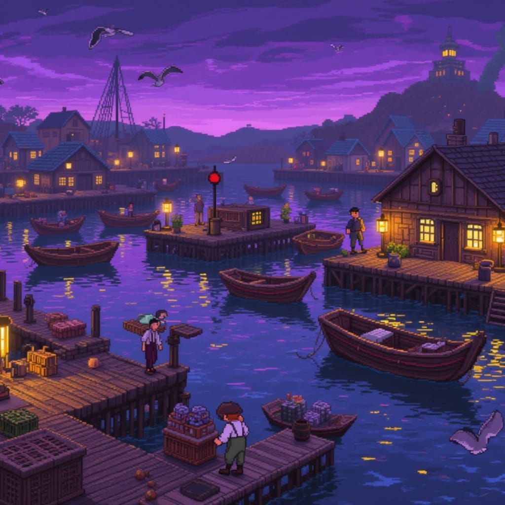 Charming Pixel Art Harbor at Twilight