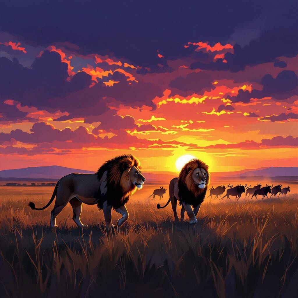 Lions on Savannah with Stampeding Wildebeest at Sunset