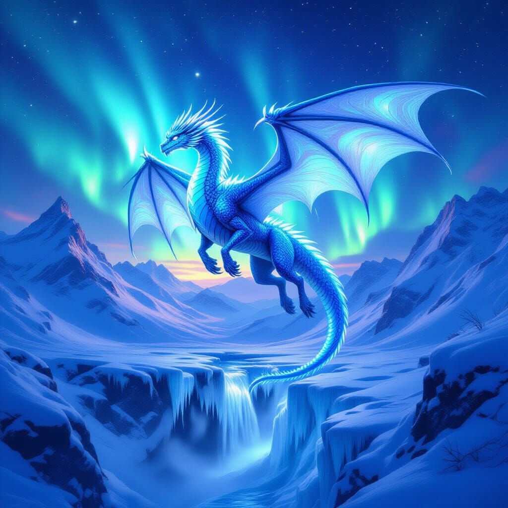Majestic Ice Dragon Soars Through Aurora Sky Above Frozen Mo...