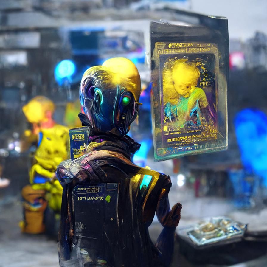 Futuristic Robot Vendor Displaying Holographic Cards
