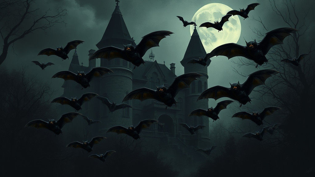 Gothic Mansion with Bats in Haunting Digital Painting Style