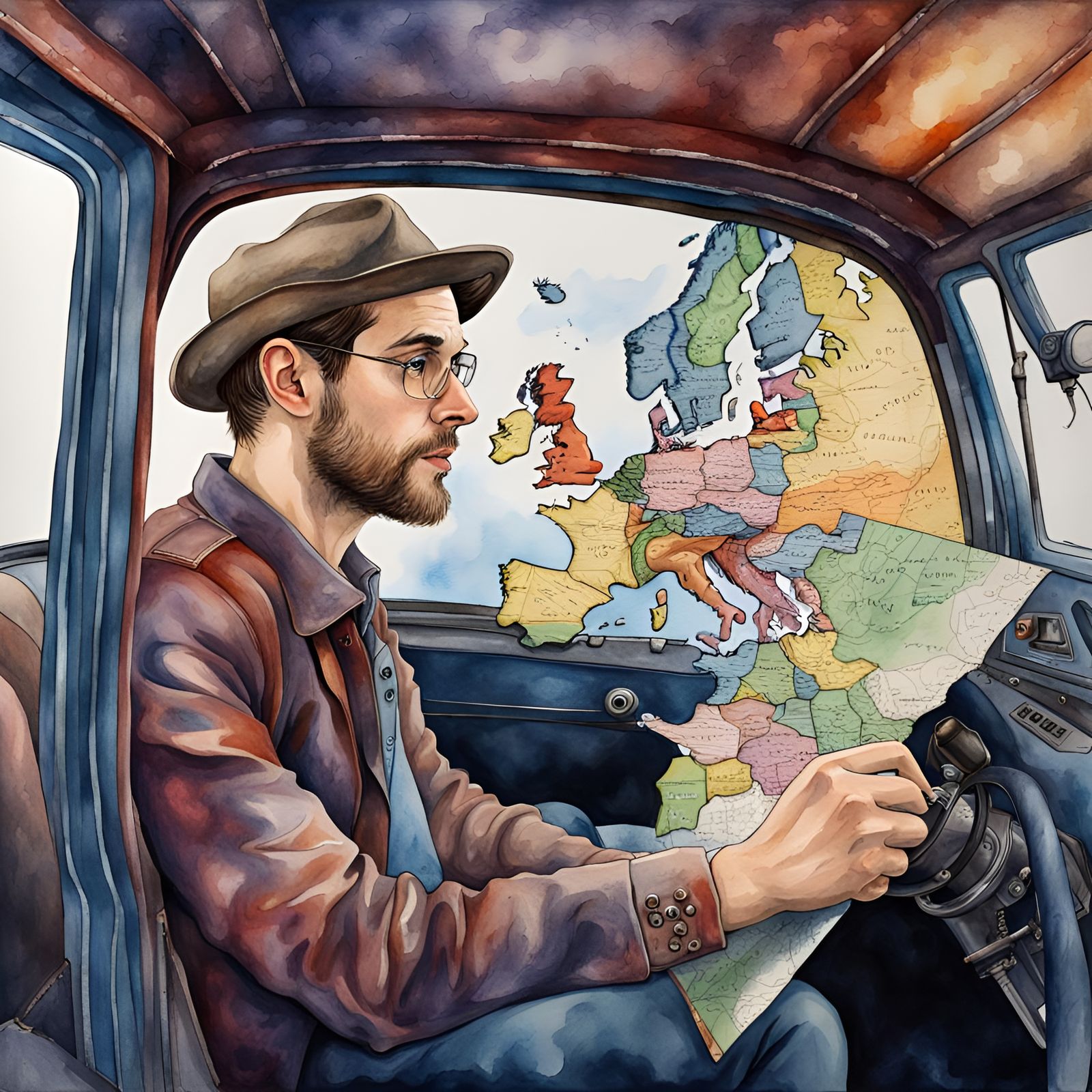 Detailed Watercolour of Man with Map