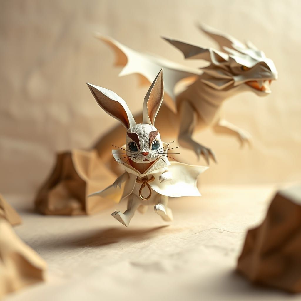 Delicate Papercraft Scene of Bunny Chased by Majestic Paper...