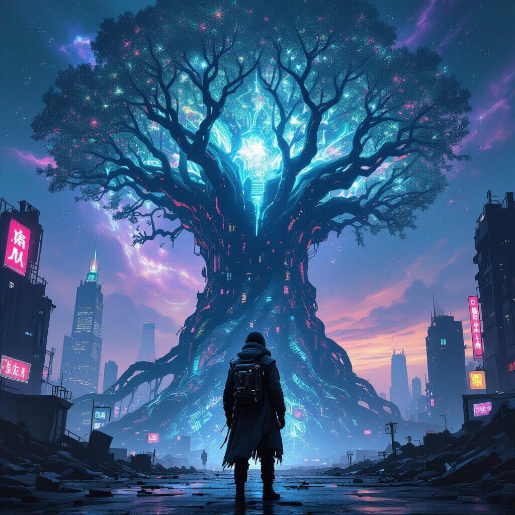 Bioluminescent Tree Dominates Cyberpunk Cityscape