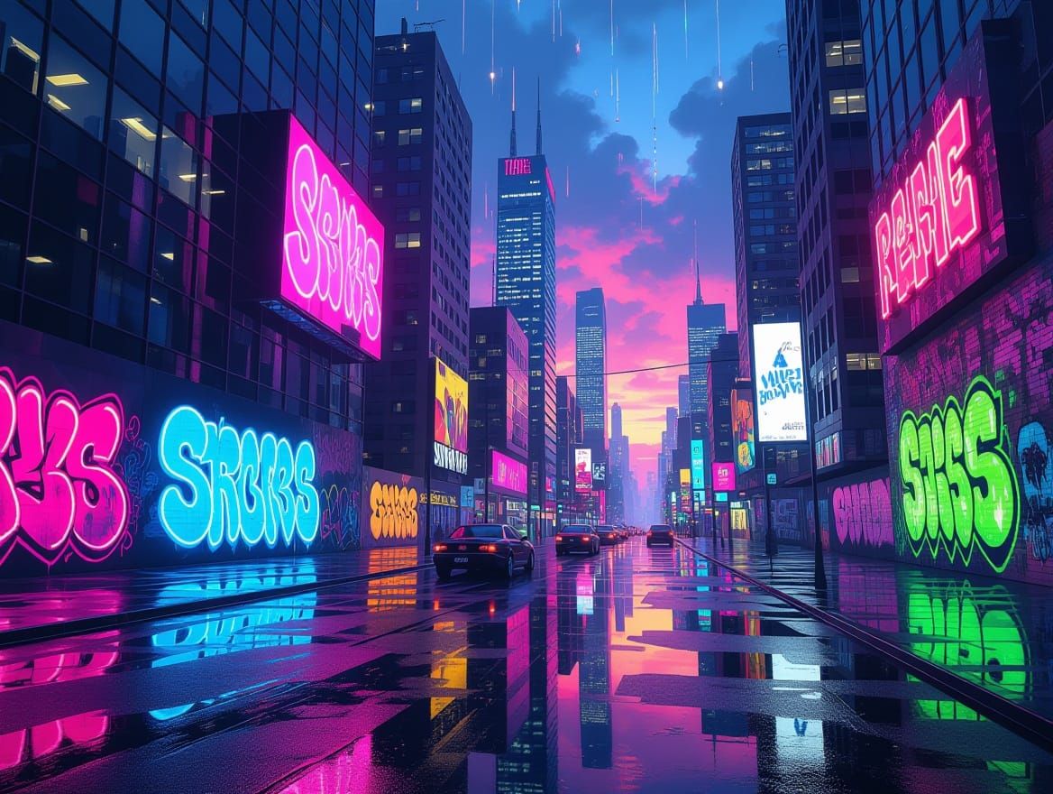 Urban Dusk Dreamscape in Vibrant, Polychromatic Style
