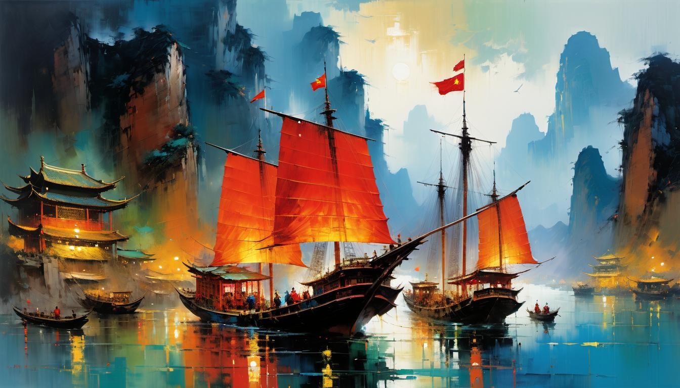 Ancient Chinese Junk Ship Sailing in Oil Painting Style