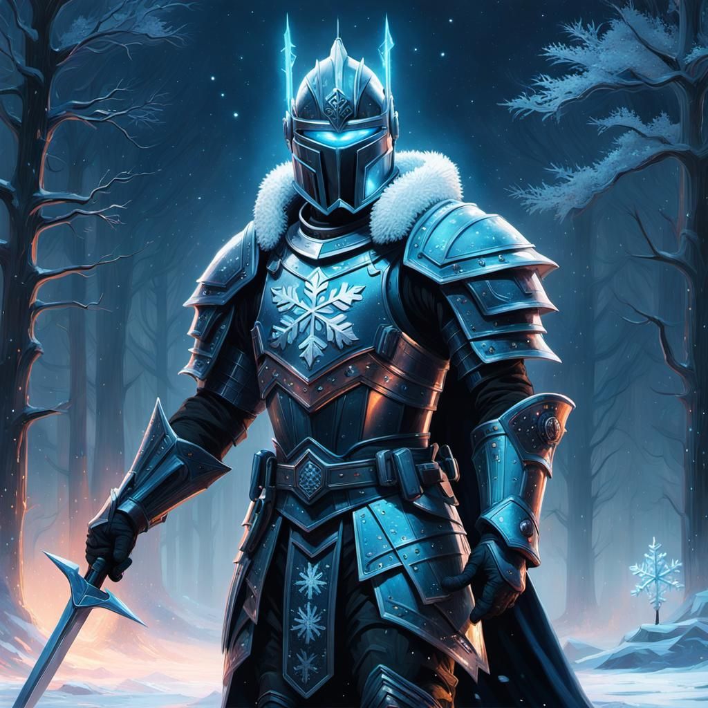 Icy Knight in Futuristic Armor with Frost Aura