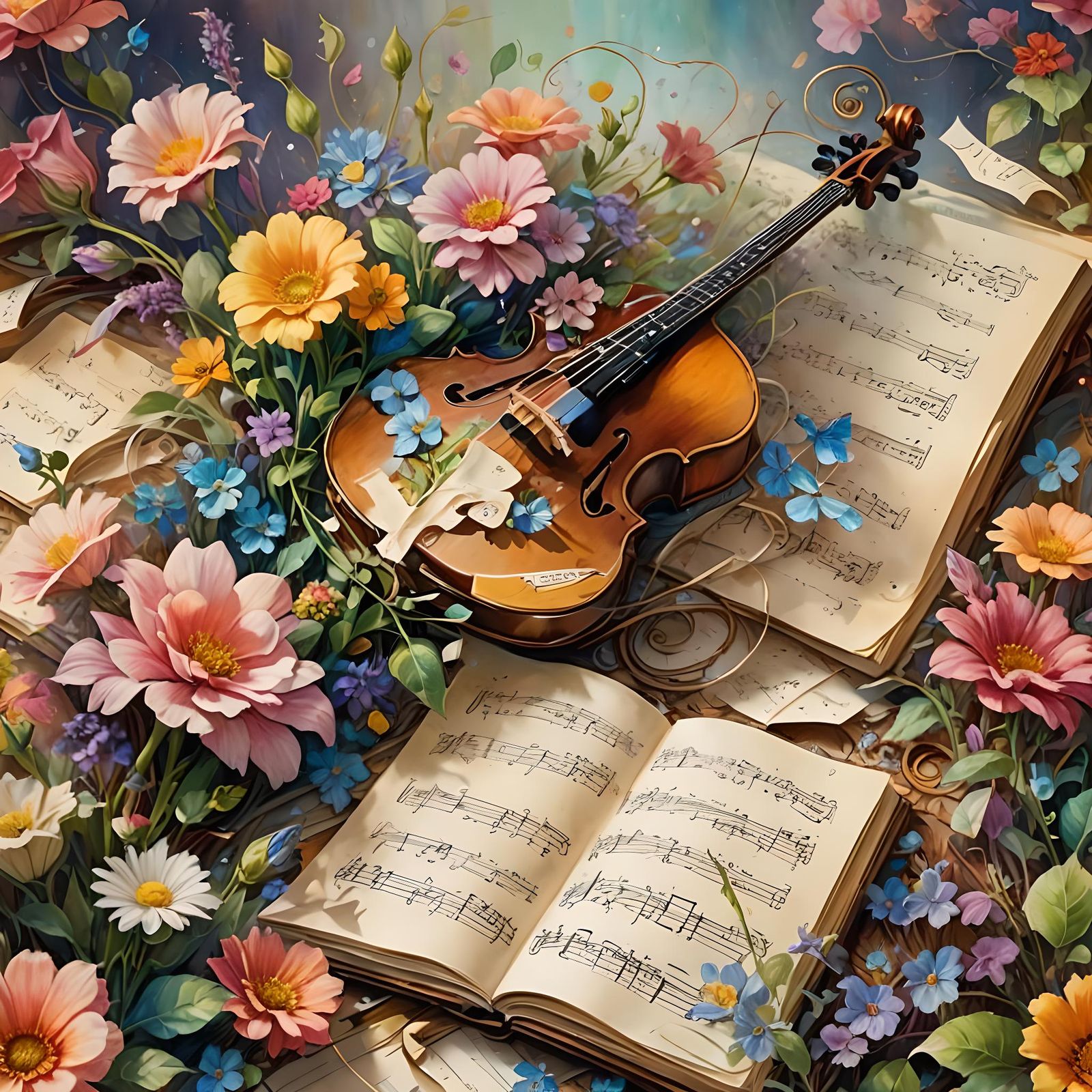 Floral Musical Notes in Romantic Realism Style
