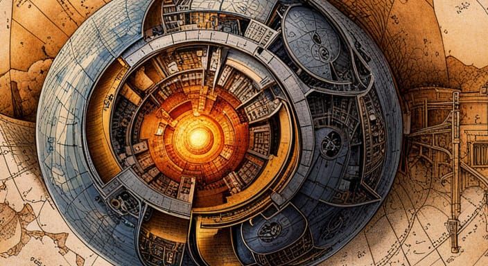 Detailed Earth Schematic in Mechanical Blueprint Style