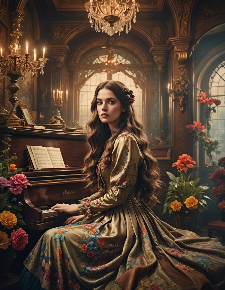 Woman in Vintage Dress Playing Piano