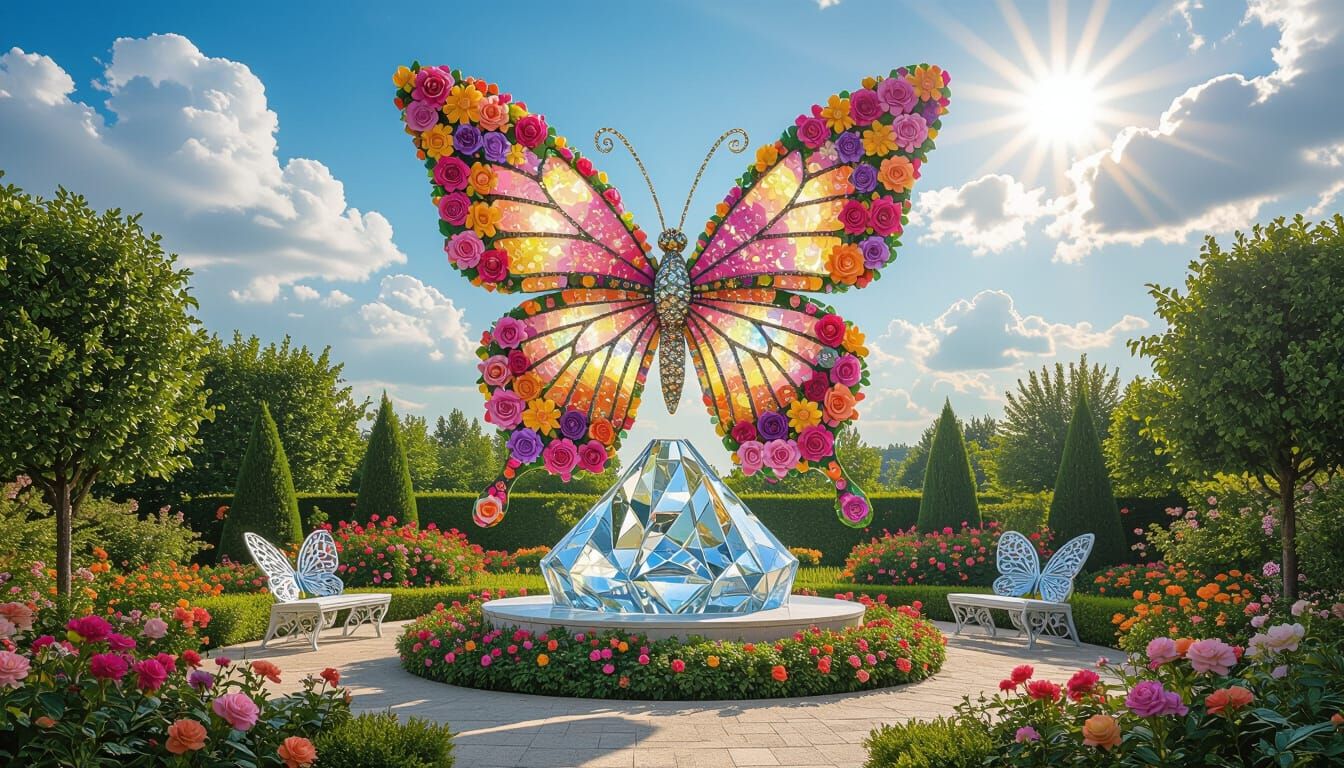 Floral Butterfly Sculpture in Summer Garden: Impasto Paintin...