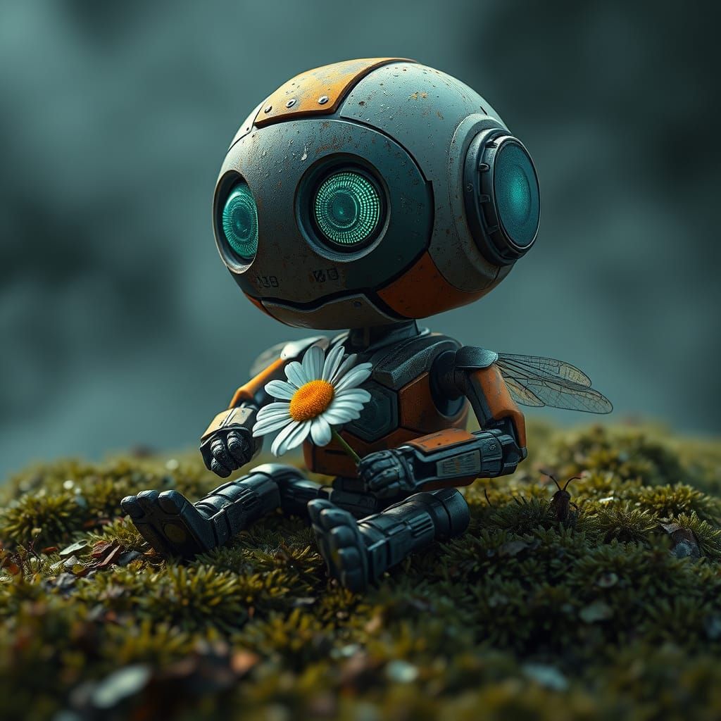 Solitary Robot with Daisy in Misty Landscape