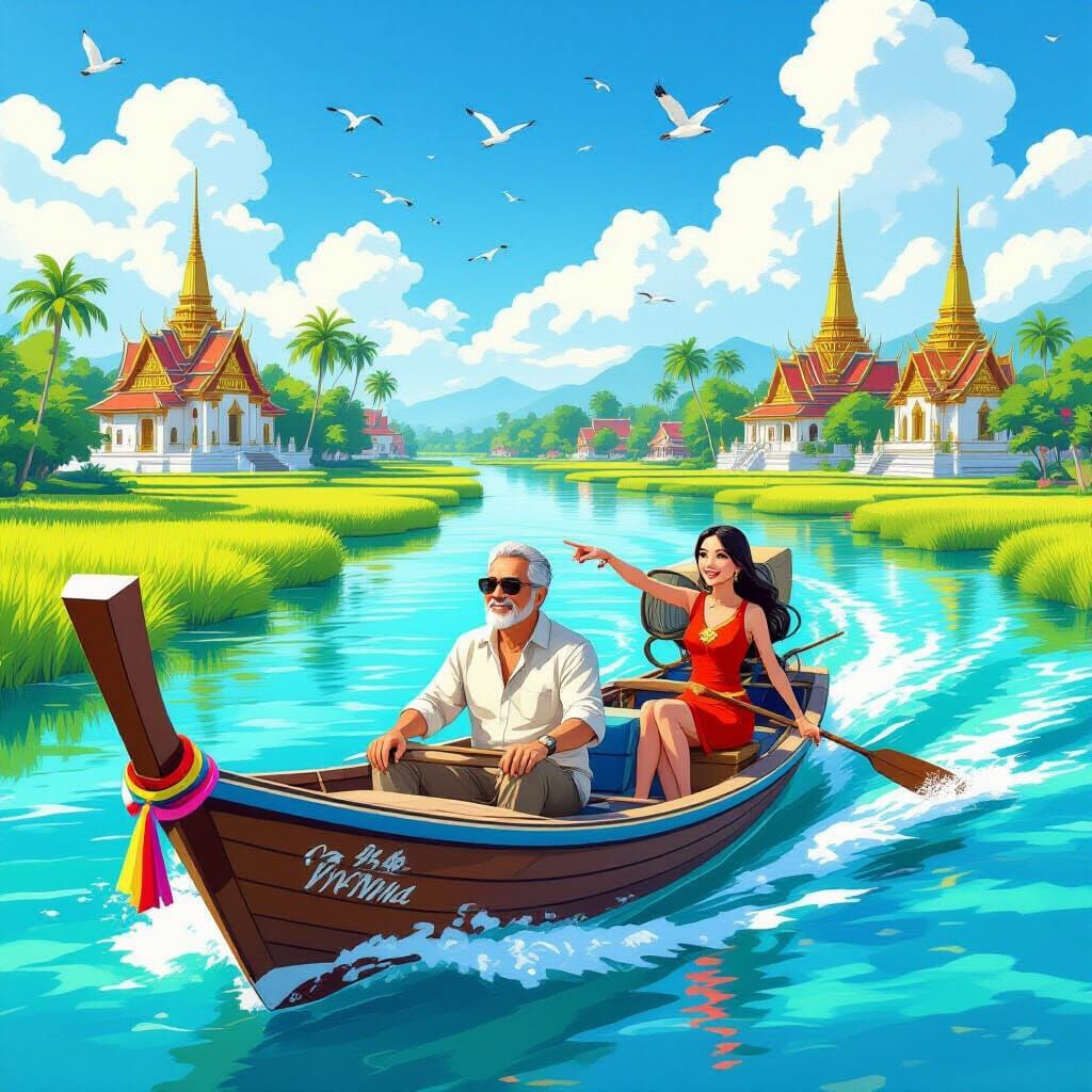 Thai Longtail Boat on River in Anime Style
