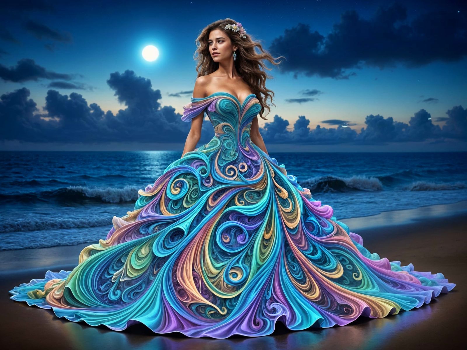 Moonlit Goddess in Iridescent Ballgown on Beach