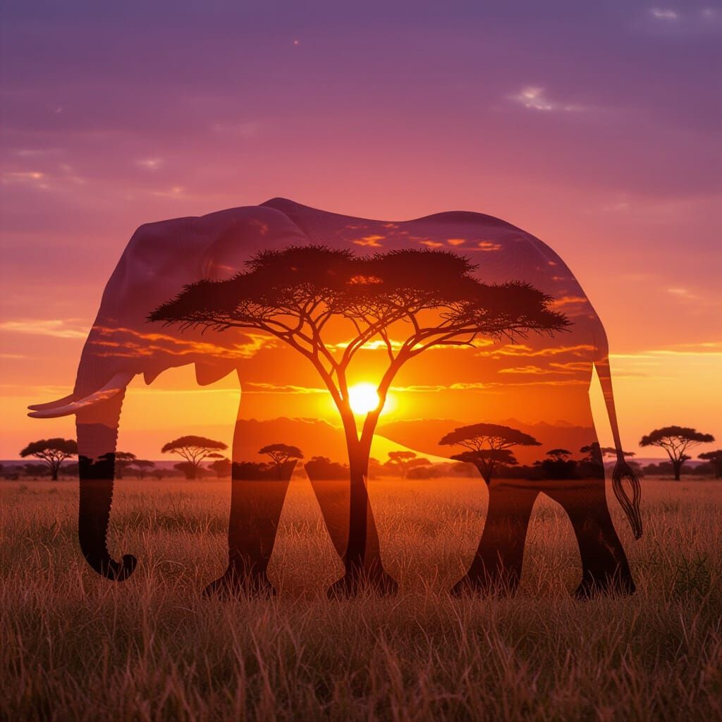 Elephant Silhouette with Blazing Savanna Sunset Photograph
