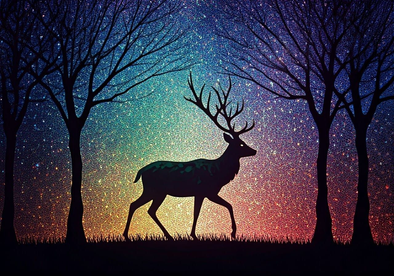 Ethereal Deer in Vibrant Starry Night, Pointillist Fractals