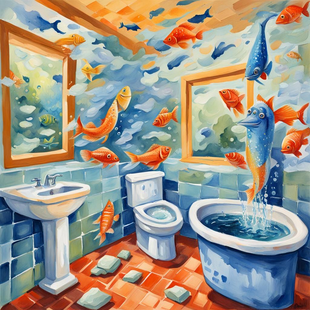 Cartoon Fish Brushing Teeth: Gouache Watercolor Style