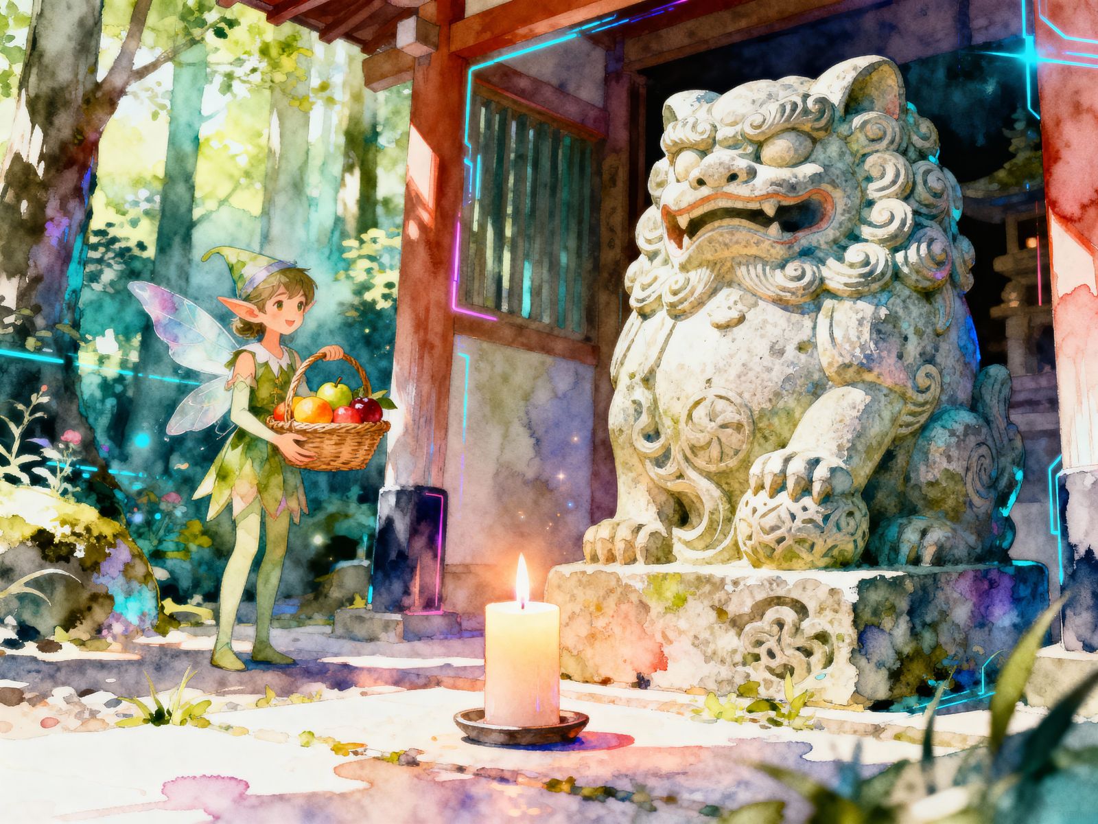 Japanese Stone Guardian with Elf in Magical Grove