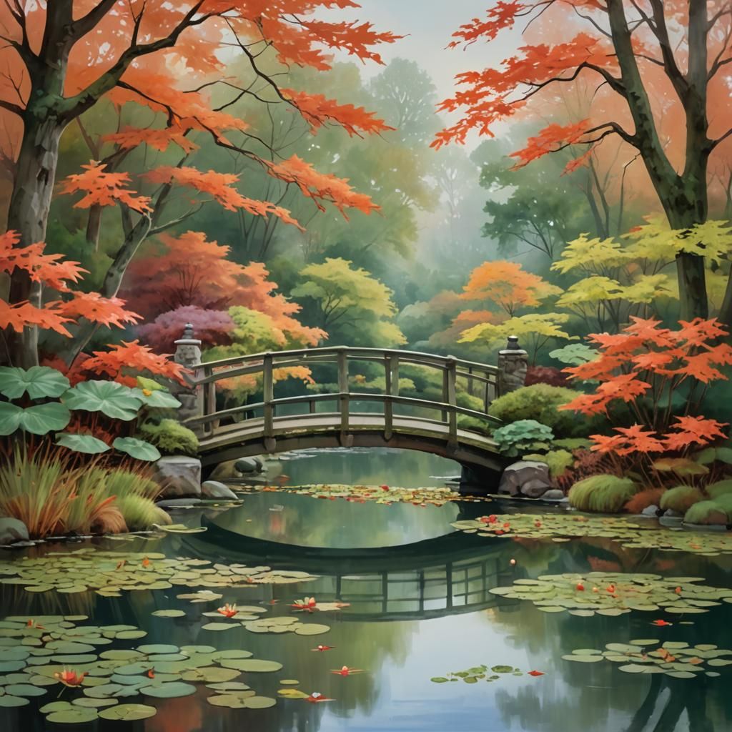 Autumn Garden with Ancient Bridge, Impasto Painting