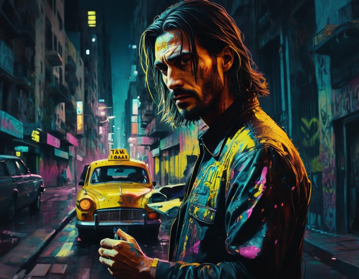 Cyberpunk Taxi in Barcelona, Neon Noir Style