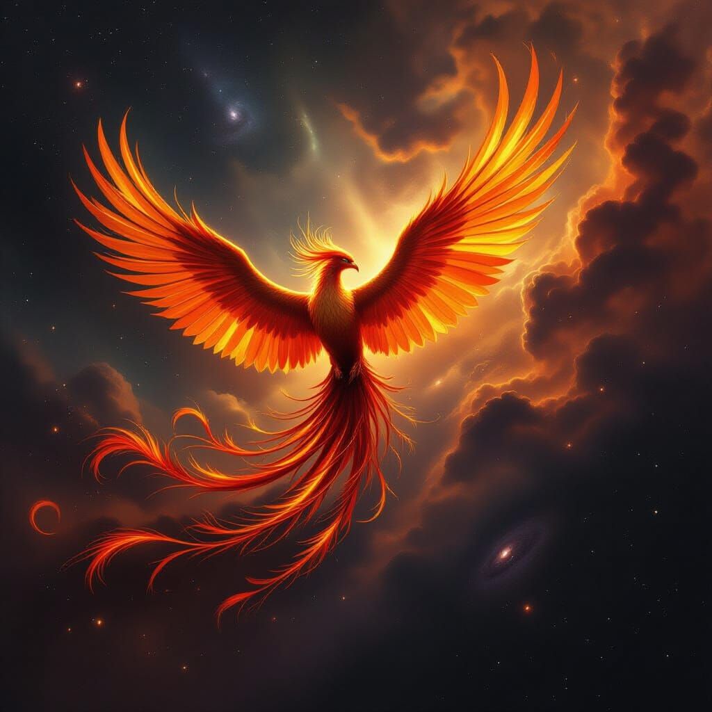 Majestic Phoenix of Gold and Flames in Cosmic Nebula