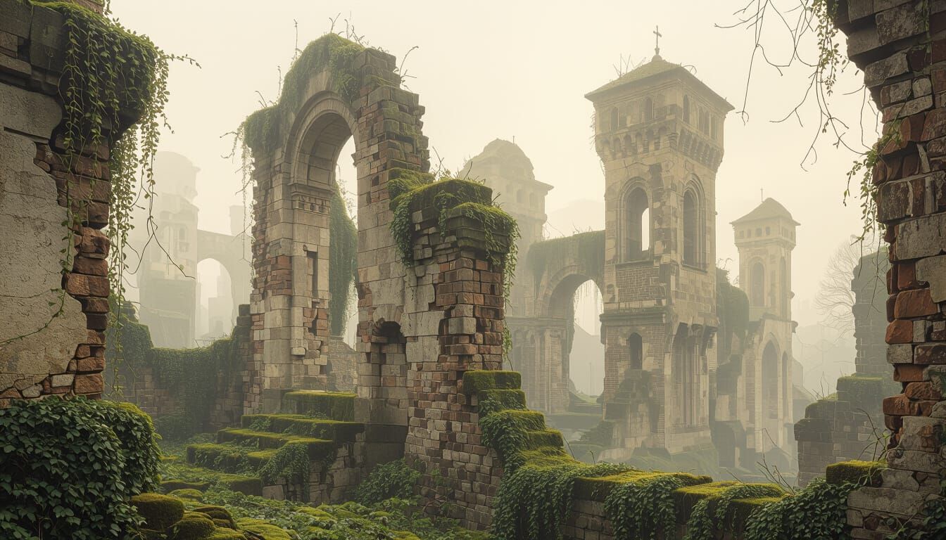 Forgotten City Ruins with Steampunk Art Nouveau Style