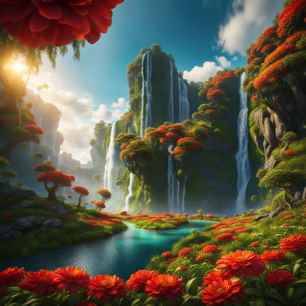 Lush Green Land with Waterfalls and Colorful Sky
