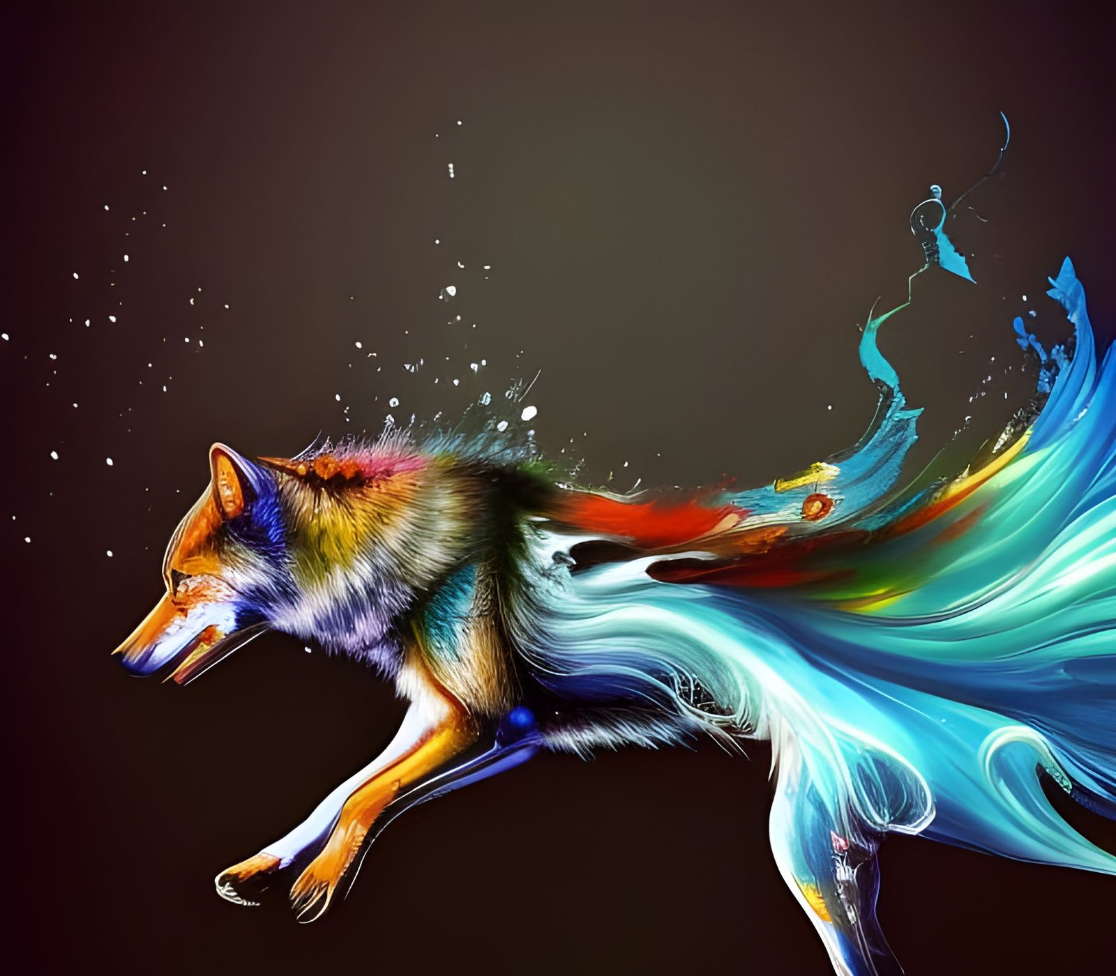 Wolf Running on Water: Fluid Gouache Painting