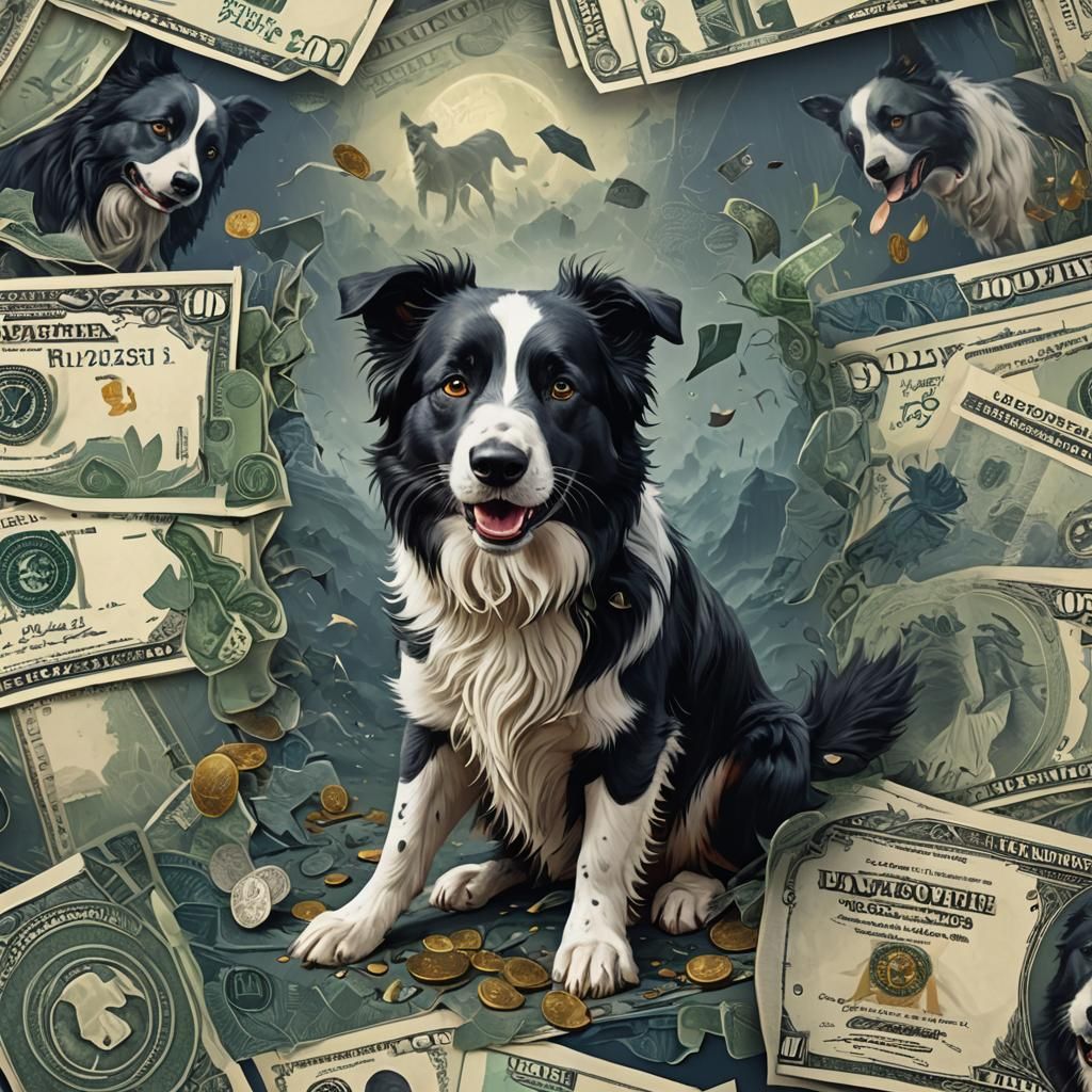 Border Collie Art Banknote: Detailed Fantasy Painting