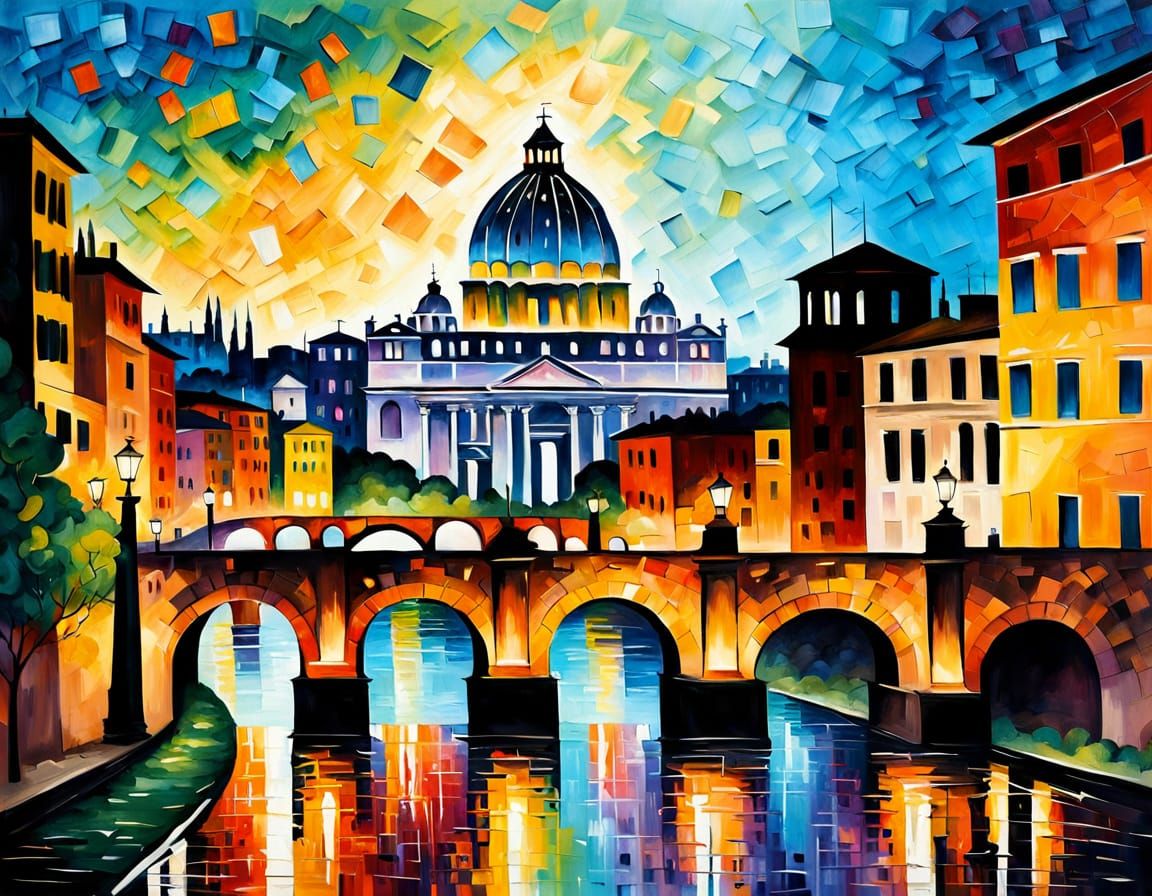 Multicolored Rome Cityscape in Heavy Impasto Style