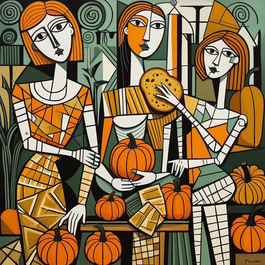 Cubist Farm Girls and Mummies with Harvest