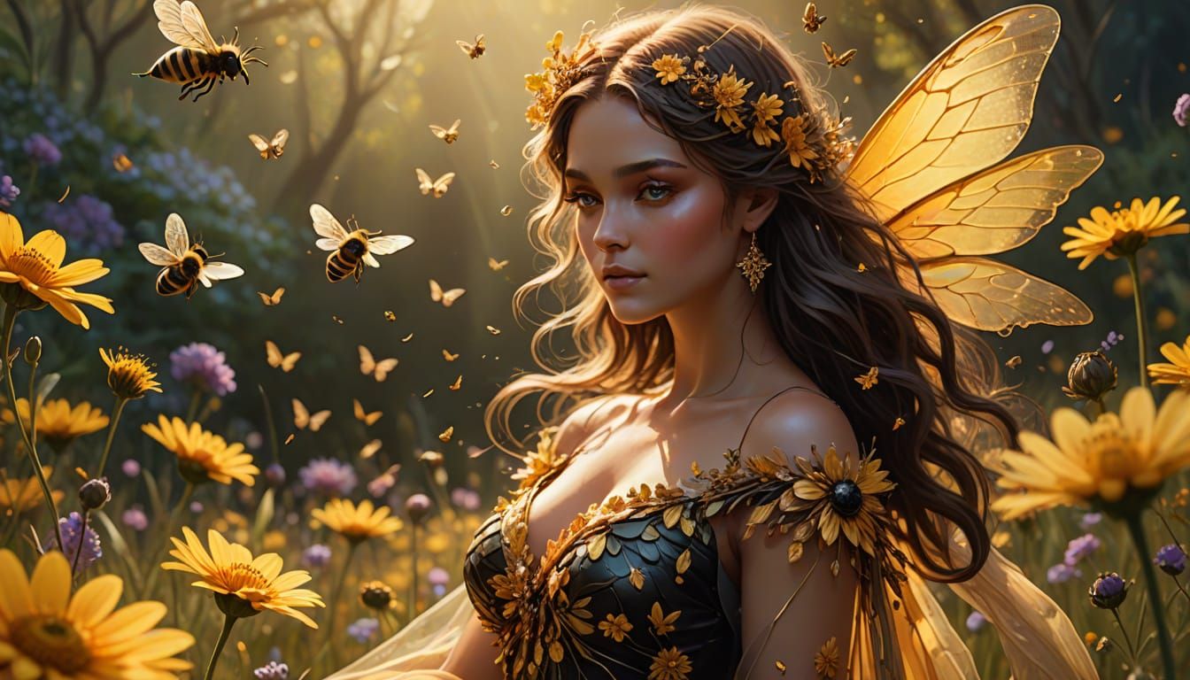 Ethereal Bee Goddess in a Whimsical Floral Realm