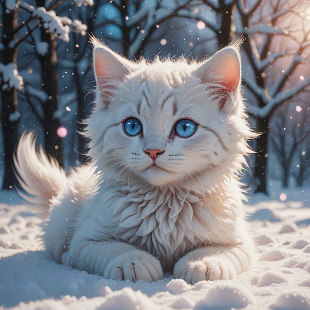 Cute White Kitten in Snow, Anime Style